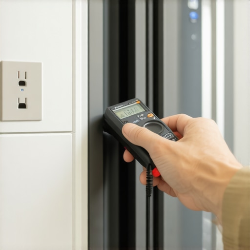 A digital multimeter being used to check the electrical grounding of a kitchen outlet near a smart fridge.