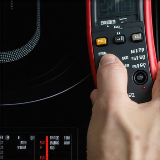 A technician using a digital multimeter on an induction cooktop circuit.