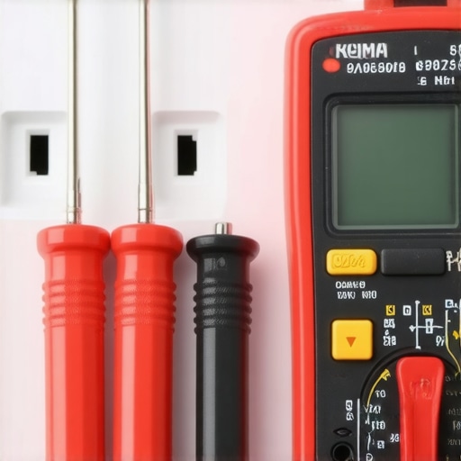 An electrician using a multimeter to verify the grounding of a gas range outlet.
