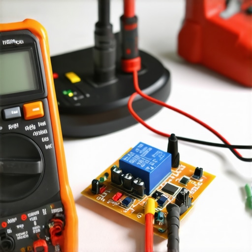 A technician using a multimeter to diagnose a faulty relay on an oven control board.