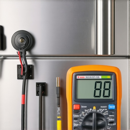 A person using a digital multimeter to diagnose an oven's electrical components for repair.