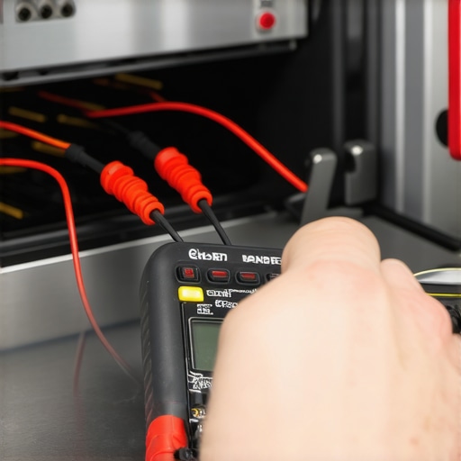 A digital multimeter testing a gas oven igniter for resistance in a diagnostic check.