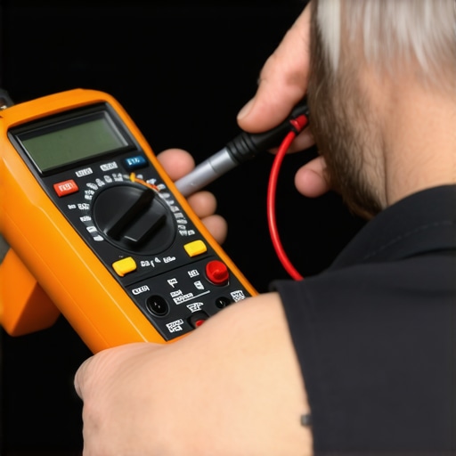 Technician measuring 240 volts on a stove burner terminal block with a digital multimeter.