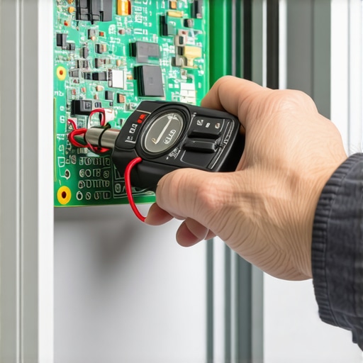 Professional technician testing a smart refrigerator motherboard with a multimeter