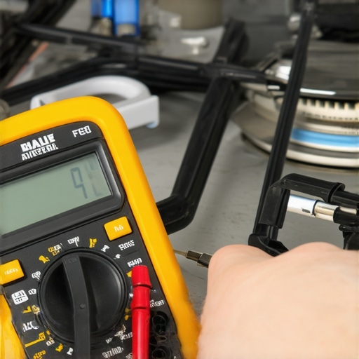 Close-up of a digital multimeter testing the electrical continuity of a gas stove igniter switch.