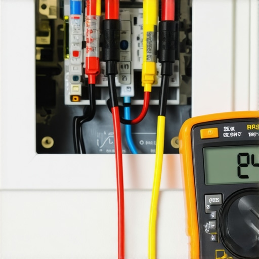 A digital multimeter measuring 24 volts on a smart thermostat wiring harness.