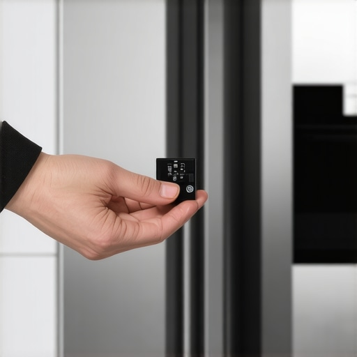 A person holding a small black starter relay part near a refrigerator compressor.