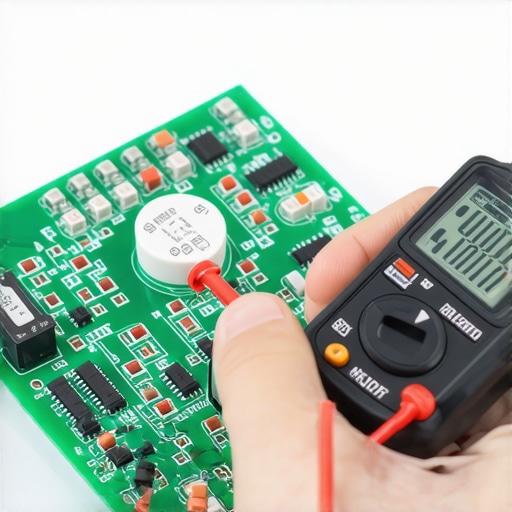 Close-up of a technician testing a microwave fuse for continuity using a digital multimeter.