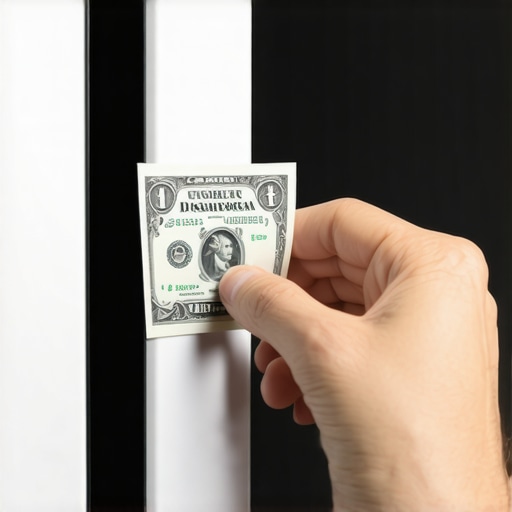 A hand holding a dollar bill between a fridge door and its gasket to test the airtight seal strength.