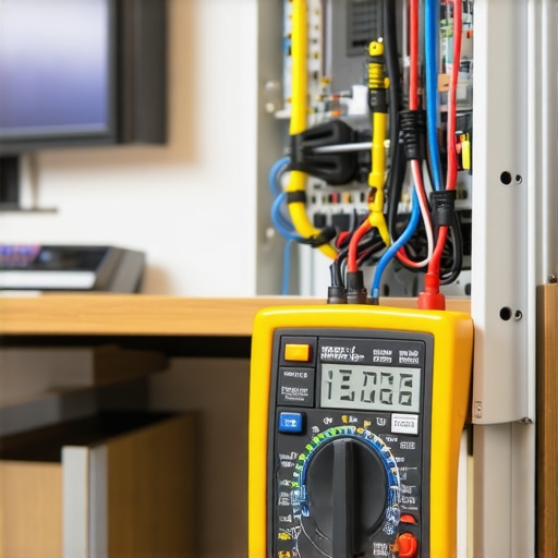 Close-up of a digital multimeter measuring voltage on an appliance motherboard.