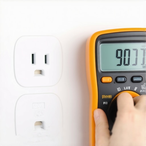 Close-up of a digital multimeter checking the ground on a 4-prong kitchen outlet