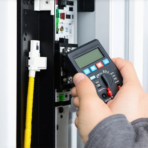 A technician using a digital multimeter to verify the power supply of a smart kitchen appliance.