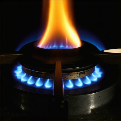 A close-up view of a properly functioning gas burner igniter and blue flame.