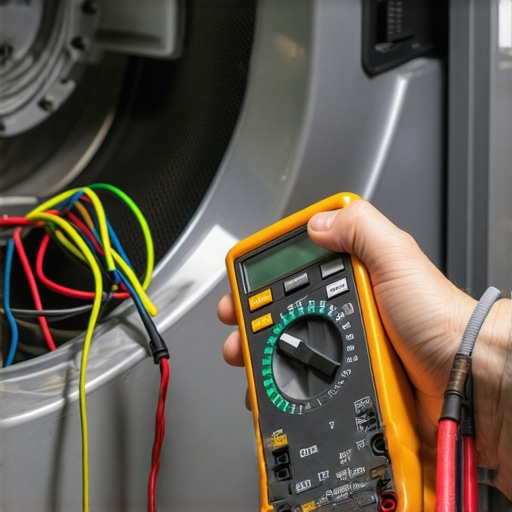 Technician checking the electrical components of a washing machine drain pump