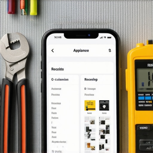 A smartphone with maintenance logs next to appliance repair tools on a kitchen counter.
