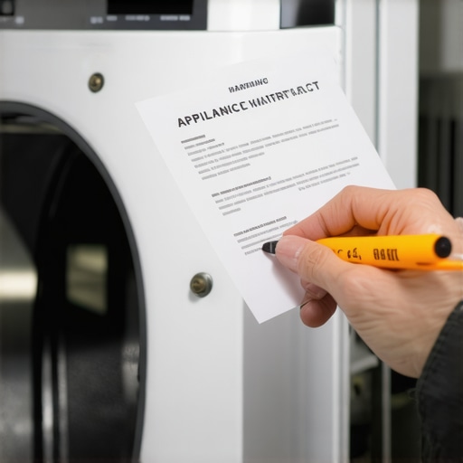Close-up of an appliance warranty contract highlighting the maintenance clause near a disassembled washer.