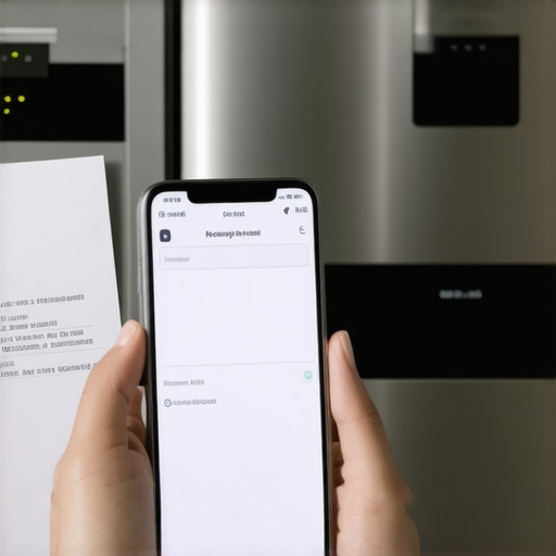 A person comparing a digital receipt and a physical appliance warranty document next to an oven.