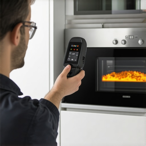 Technician checking wall oven heat leakage with thermal camera