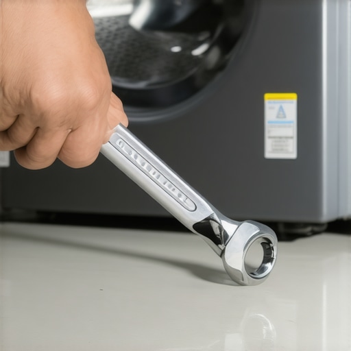 An adjustable washing machine leveling leg showing a wrench tightening the top lock nut flush against the machine frame.