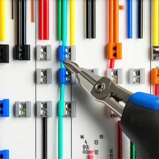 A technician uses needle-nose pliers to secure a loose spade connector on a wall oven control board.