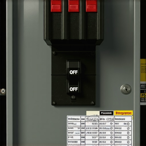 Close up of a tripped circuit breaker in a residential electrical panel with kitchen labels