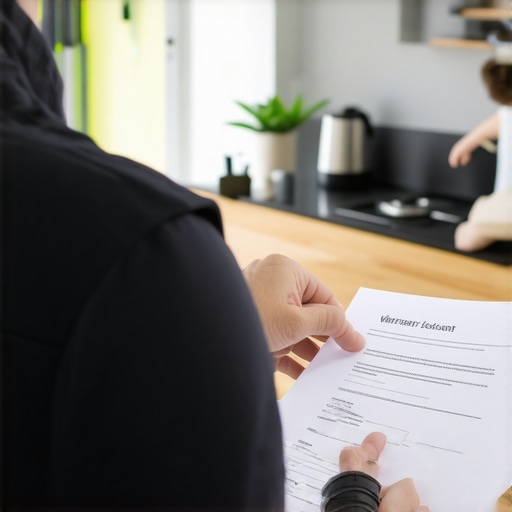 Technician explaining warranty contract details to a homeowner in a kitchen.