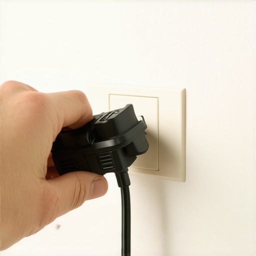 Hand unplugging a microwave power cord from a wall outlet to reset the control board.