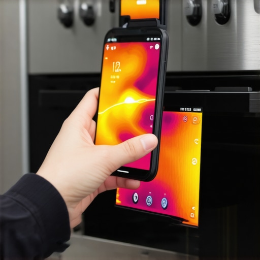 A smartphone showing a thermal heat map of an oven door to detect heat leakage.