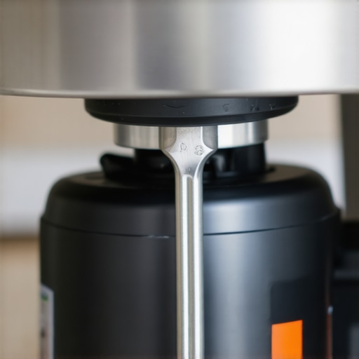 A hand using a hex wrench to manually turn a garbage disposal motor flywheel from underneath the sink.