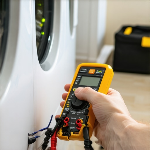 Close up of a digital multimeter testing a dryer heating element for continuity