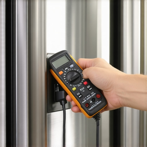 A person testing the voltage of a kitchen outlet for a refrigerator.