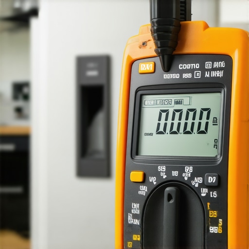 A technician using a digital multimeter to test an appliance control board for warranty-backed repair.