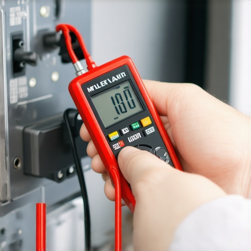 A technician using a digital multimeter to check the electrical connections of a kitchen appliance for safety and maintenance.