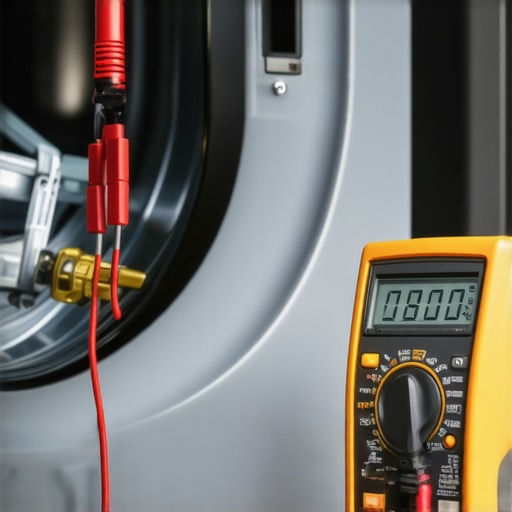 Close-up of a technician testing a washer water inlet valve with a multimeter.