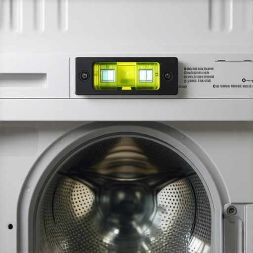 A spirit level placed on the metal frame of a washing machine to ensure it is perfectly level for operation.