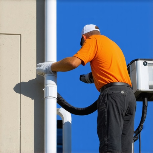 A DIY homeowner clearing an AC condensate drain line using a shop vacuum to remove sludge and odors.