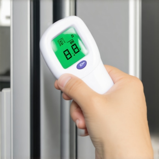 A hand using an infrared thermometer to check the temperature inside a stainless steel refrigerator for a warranty claim.