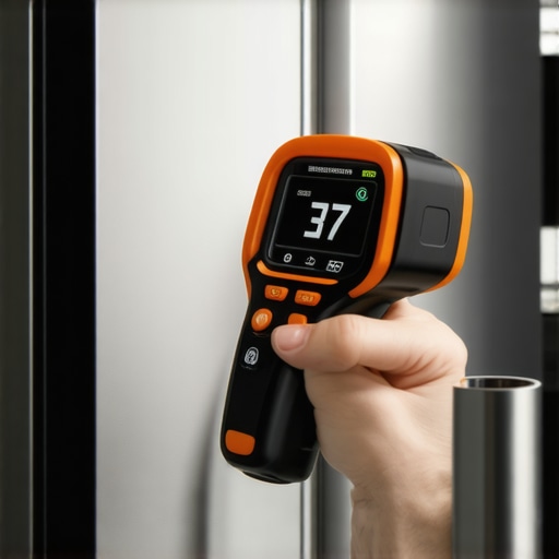 Close-up of a digital infrared thermometer checking refrigerator temperature for warranty documentation.