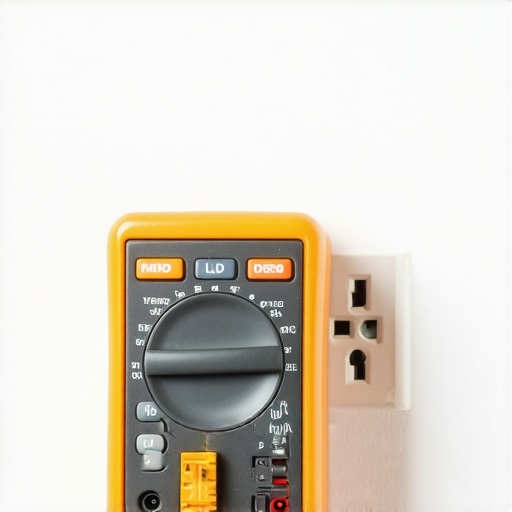 A multimeter testing a kitchen outlet to ensure steady 120V power for appliances.
