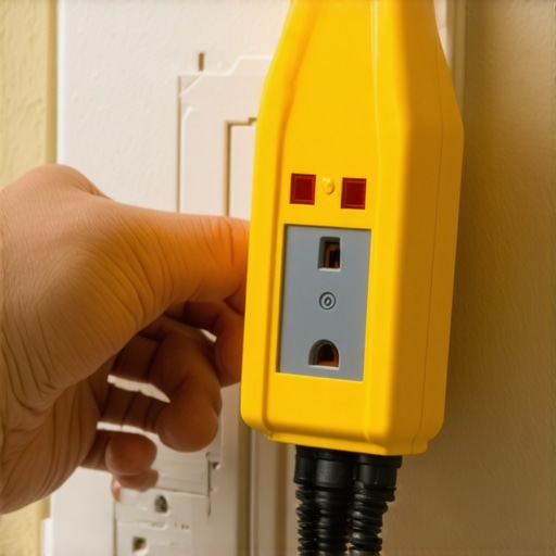 Close-up of a circuit tester plugged into a wall outlet for a gas range installation