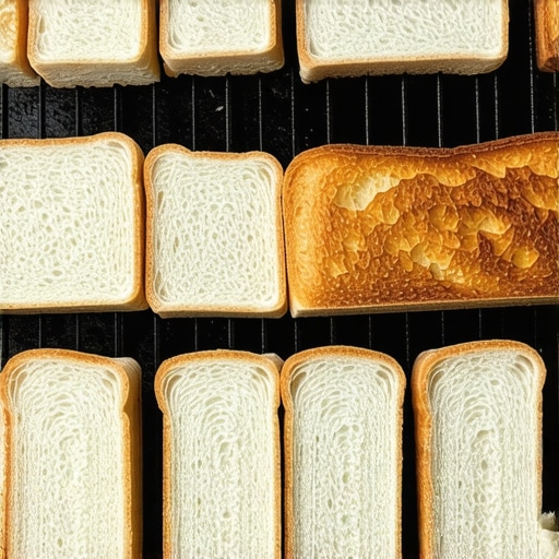White bread slices on an oven rack showing uneven heat distribution and burn patterns.